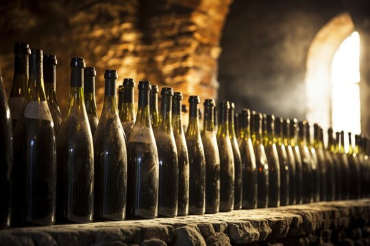 Vintage wine bottles lined up in a cellar shallow focus color toned