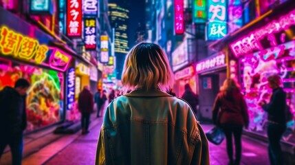 Busy alleyway of Tokyo, back shot of a female. Generative AI