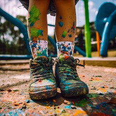 Child's feet close up in paint. Generative AI