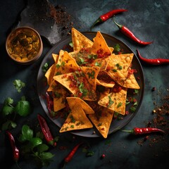 Pile of doritos with chilli on a dark background. Generative AI.