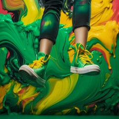 Feet in sneakers background of colorful splashes of paint. Generative AI