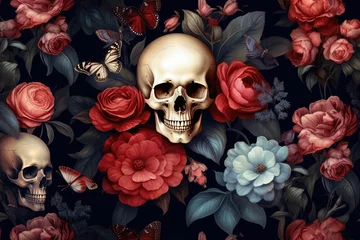 Poster Crâne aquarelle Vintage skull with flowers on background