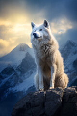 Obraz premium White wolf on top of a mountain