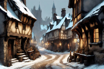 winter scene with snow on a medieval town street at twilight with ancient timber famed houses