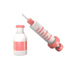 Dynamic 3D medical syringe and vaccine bottle icon in pink, symbolizing healthcare ideals. A clean and minimalistic 3D representation of a medical syringe.