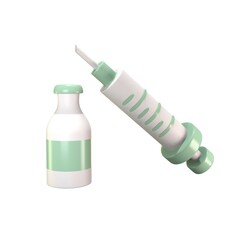 Dynamic 3D medical syringe and vaccine bottle icon in green, symbolizing healthcare ideals. A clean and minimalistic 3D representation of a medical syringe.