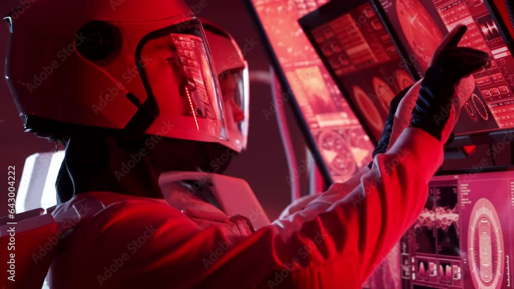 Wall mural team of astronauts in a space suits aboard the mars station. a crew of cosmonauts piloting the space