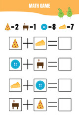Educational math game for children. Addition worksheet for preschool or elementary kids. Learning math.