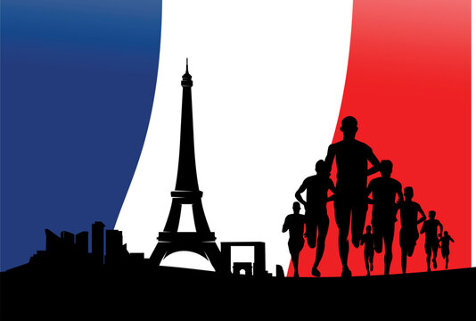 Great editable vector file of marathon runners  silhouette in the front of paris skyline with classy and unique style best for your digital design and print mockup