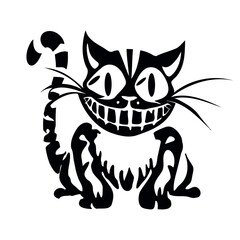 Cartoon cat skeleton with a grin, black silhouette on a transparent background, stencil, tattoo