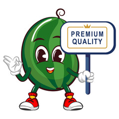 Obraz premium Vector mascot, cartoon and illustration of a cute watermelon fruit showing a premium quality business board with okay sign