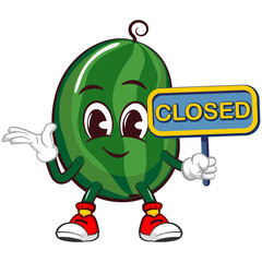 Vector mascot, cartoon and illustration of a cute watermelon fruit showing a business board saying closed