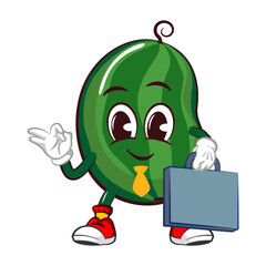 Vector mascot, cartoon and illustration of a cute watermelon being an office worker wearing a tie and carrying a work suitcase