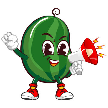 Vector mascot, cartoon and illustration of a cute watermelon speaking up with a loudspeaker