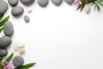 A flat arrangement featuring spa stones on a white background, designed with an open area for...