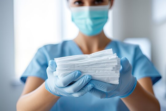 A female doctor or nurse at a hospital is shown in close up drying her hands with a paper tissue emphasizing the importance of hygiene healthcare and safety measures