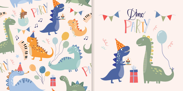 Dino party set with seamless pattern and greeting card, birthday invitation with cute dinosaurs celebrating