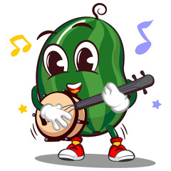 Vector mascot, cartoon and illustration of a cute watermelon humming and playing a banjo musical instrument cheerfully