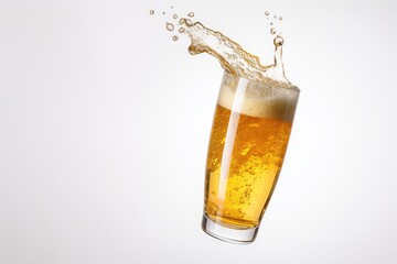 A man is raising a glass of beer in his hand, with his hand positioned high against a white backdrop.