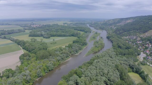 Panoramic skyline view of Morava rivers. Aerial view from Devin Castle near Bratislava, Slovakia on the border with Austria
