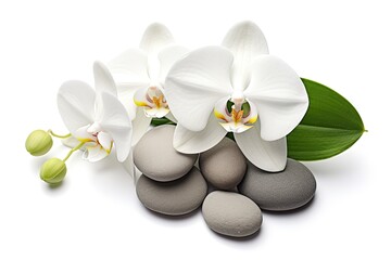 A photo of spa stones and a white orchid flower has been taken with a white background, and a clipping path has been included. The objects are positioned in a flat lay style.