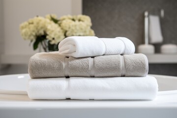 A set of three plush bath towels featuring an isolated close up shot of woven terrycloth These towels are brand new and made from hotel spa quality cotton ensuring a soft and beautif