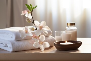 A tranquil spa and wellness environment adorned with blossoming flowers and neatly arranged towels....