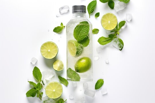 A top-down view of a mojito cocktail featuring lime, fresh mint leaves, and ice, placed on a white textured background