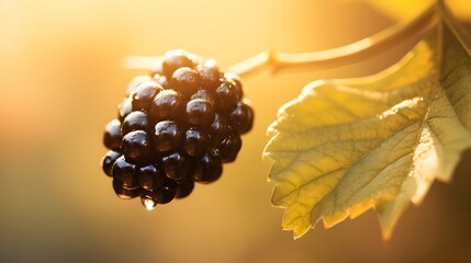 Close up blackberry berries plant. Organic blurred summer background with sunlight and copy space.