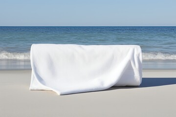 A white beach towel is neatly rolled up and placed on a plain white surface