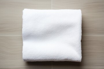 A white towel neatly folded and placed on a clean surface seen from a top perspective