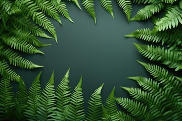 Fototapeta na wymiar An aerial view of a stylized photograph featuring fern leaves arranged around a blank space, creating a tropical summer background.