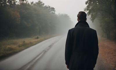 A man on the road on a cloudy day looking for his way