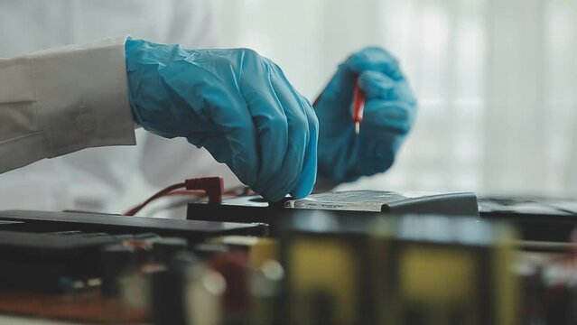 Close up of Technician measuring voltage electronic circuit board television, Service after sale fix electric equipment within insurance.