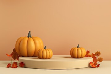 Autumn themed display featuring pumpkins and berries on a stylish pedestal or stand for advertising during the season
