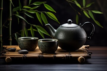 Bamboo leaves on table with kitchenware