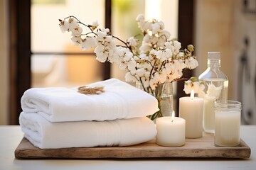 Fototapeta na wymiar Bathroom table adorned with cotton towels