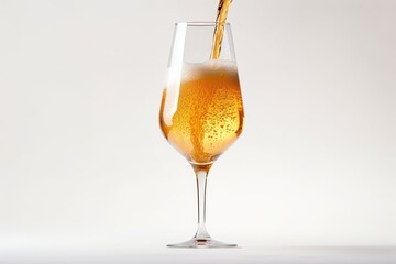 Beer being poured onto a glass, set apart on a white surface.