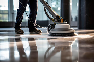 Fototapeta Worker polishing hard floor with high speed polishing machine obraz