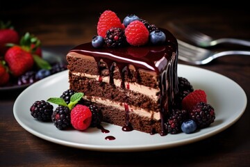 Chocolate cake with berries and sauce