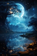 Halloween background with full moon, tree and lake.
