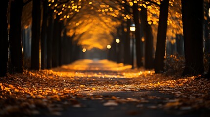 Beautiful autumn alley in the park at night with yellow leaves.