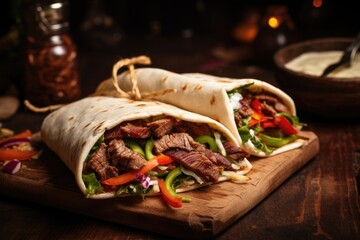 Close up view of Turkish doner kebabs wrapped in toasted tortillas served on brown paper on a...