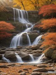 autumn, beautiful flowering trees in full bloom Dry leaves on the ground beside the waterfall. AI Generative