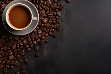Coffee themed horizontal banner on dark stone background viewed from above Copy space available for text