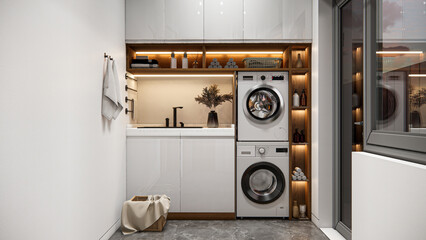 Laundry room built in white alternating wood simple and elegant.