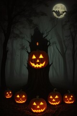 Illustration of a scary looking pumpkin In the woods at Halloween night.Generative AI