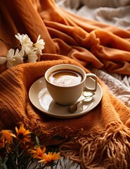 a cup of cappu coffee on a bed with orange blanket and flowers in the background photo is taken from above