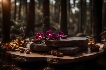 cubic brown stone cosmetic podium composition with dried orchid in the forest hyperrealistic materials