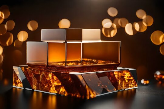 natural cubic glass rock cosmetic podium composition with amber in the photo studio